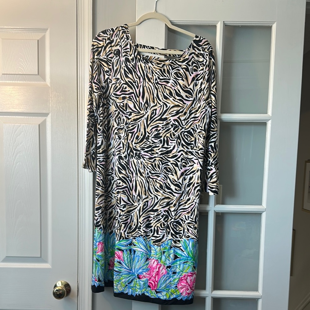 Lilly Pulitzer Black and White Zebra Dress with Pink and Blue Floral Hem NWT